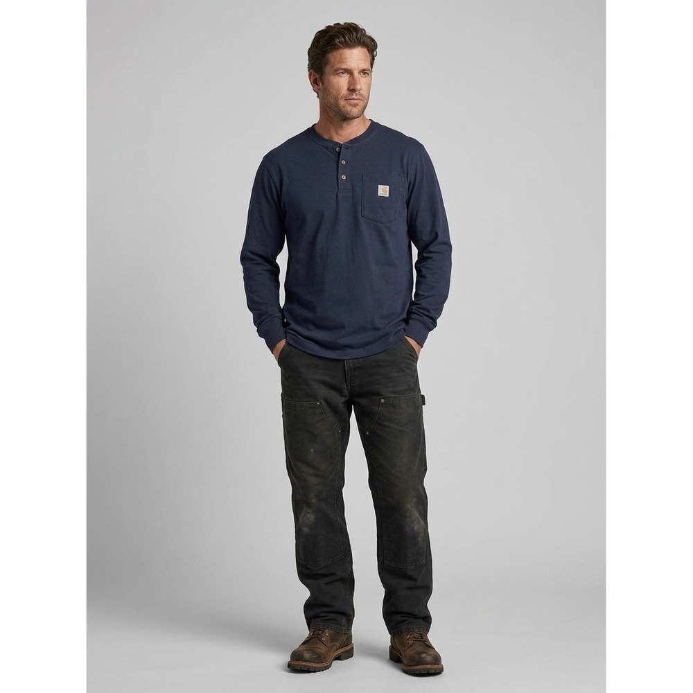 Carhartt Mens K128 NVY Navy Blue Long Sleeve Henley Pocket T-Shirt XL Regular